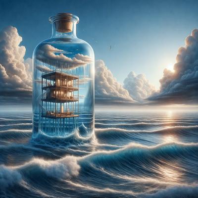 The primary subject of the image is a large glass bottle filled with water, which is floating on a body of water. The setting is a vast ocean, with clouds in the background. The visual style is a combination of digital art and illustration, creating a surreal and dreamy atmosphere. The dominant colors are blue and white, with the blue water and white clouds creating a serene and calming mood.